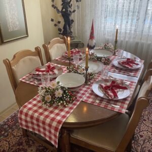 Red Gingham Runner, Linen Placemats, Napkin Set, Handmade Dining Table Mats