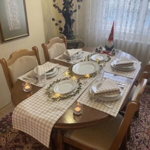 Beige Gingham Runner, Linen Placemats, Napkin Set, Handmade Dining Table Mats